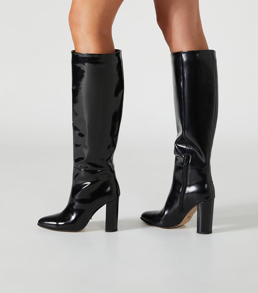 Tony Bianco Boss Black Hi Shine 9.5cm Heeled Boots Black | BSGSD90036